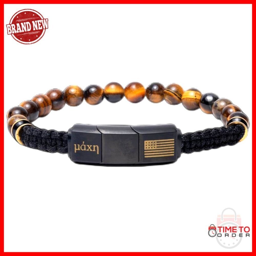 Men's Beaded Bracelet Stainless Steel Tiger's Eye Stone American Flag